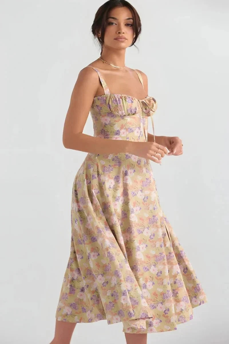 Floral Bustier Maxi Dress Women Corset Ruched Slit