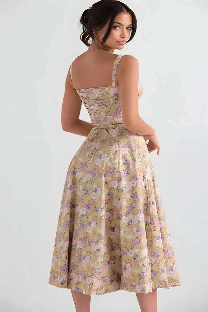 Floral Bustier Maxi Dress Women Corset Ruched Slit