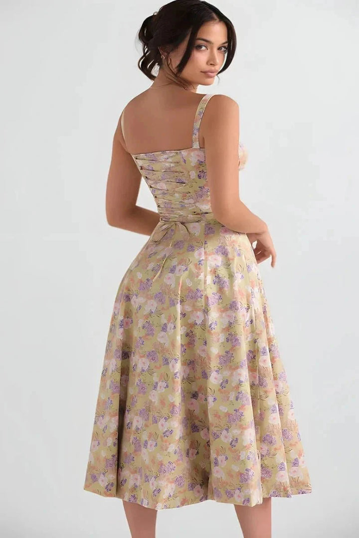 Floral Bustier Maxi Dress Women Corset Ruched Slit