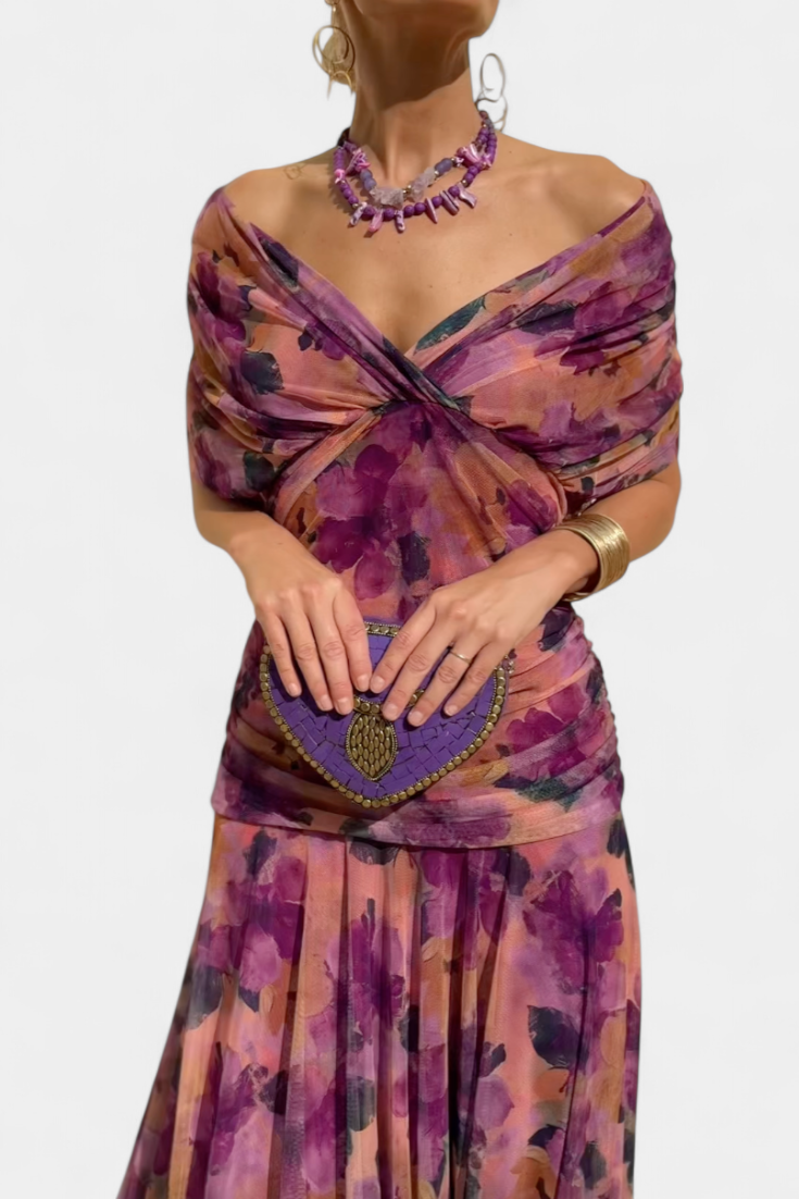 Floral Maxi Dress Women V-Neck Pleated Waist Elegant