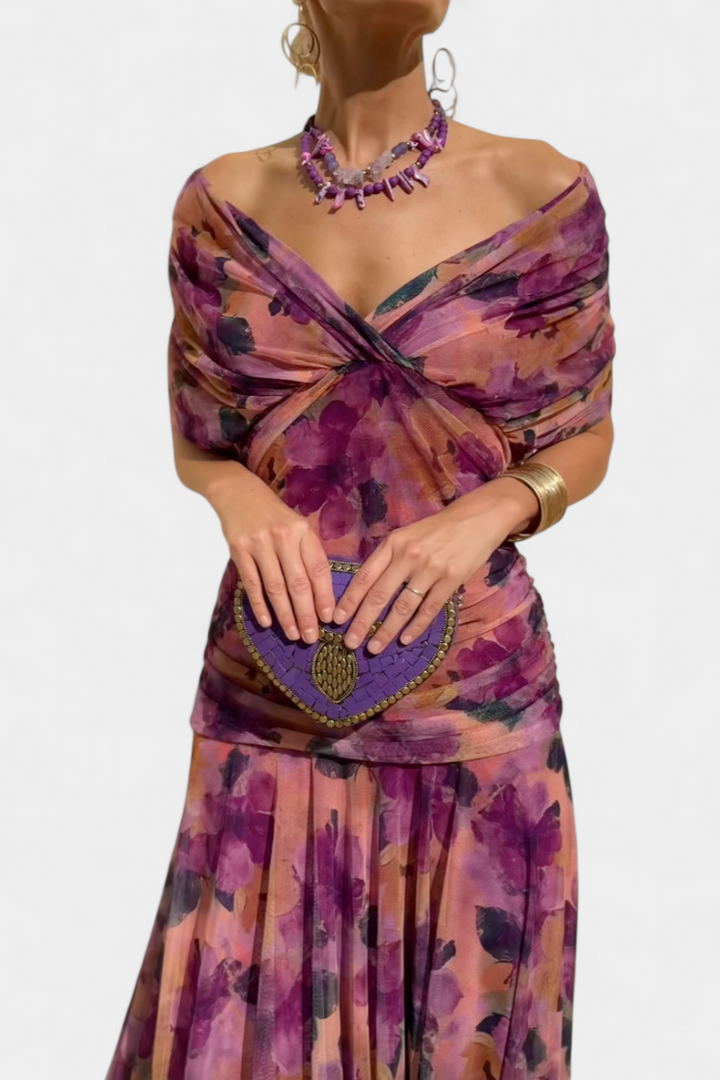 Floral Maxi Dress Women V-Neck Pleated Waist Elegant