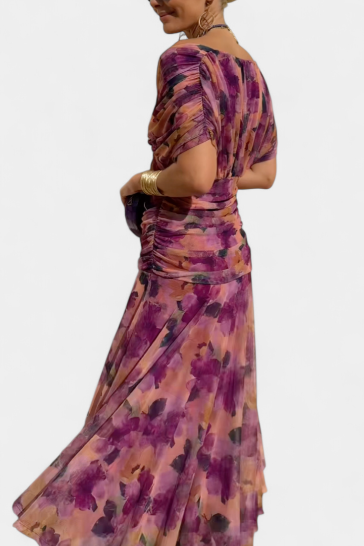 Floral Maxi Dress Women V-Neck Pleated Waist Elegant