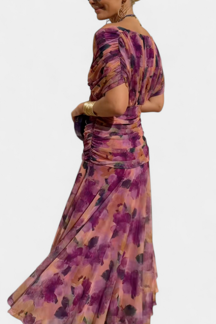 Floral Maxi Dress Women V-Neck Pleated Waist Elegant