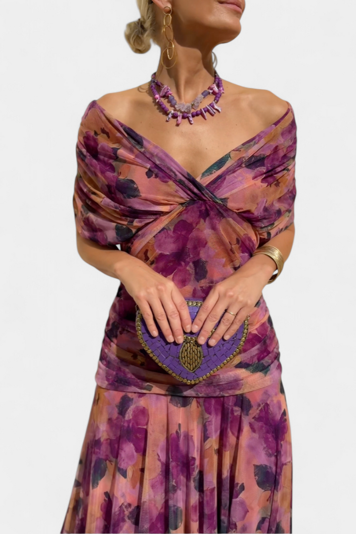 Floral Maxi Dress Women V-Neck Pleated Waist Elegant