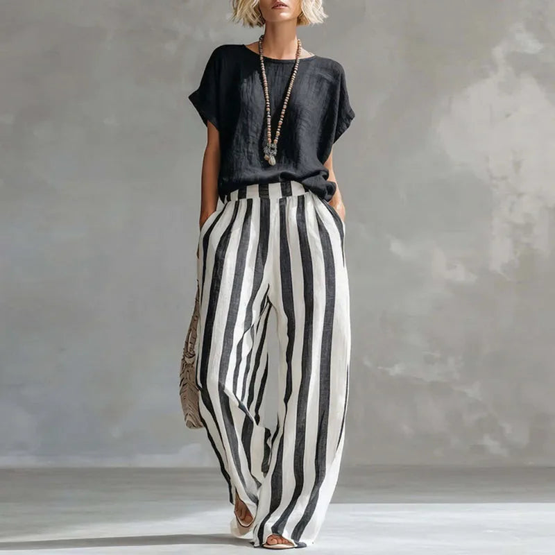 Womens Linen Blend Wide Leg Striped Summer Set