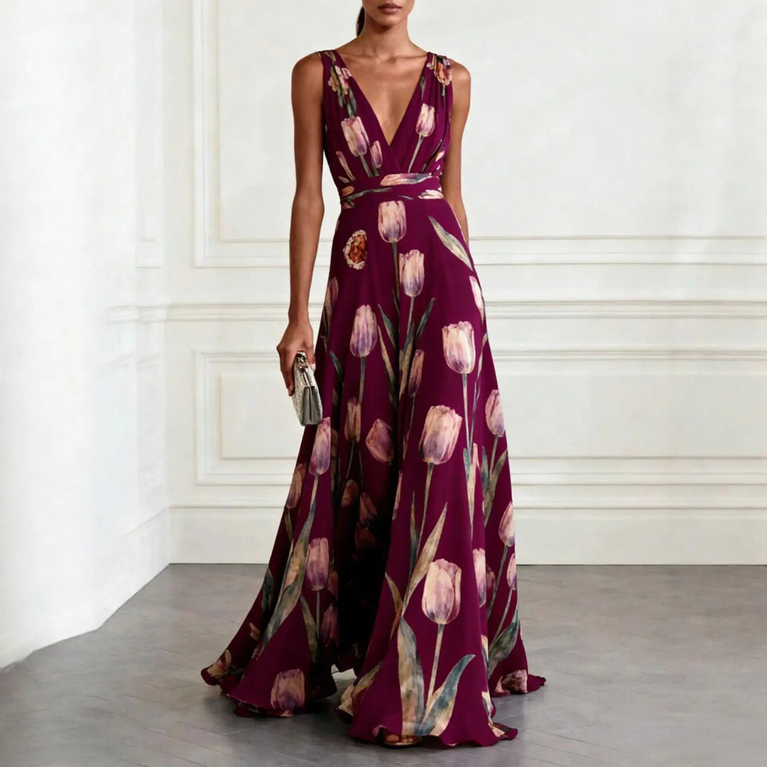 Floral Chiffon Wedding Guest Dress Women Sleeveless