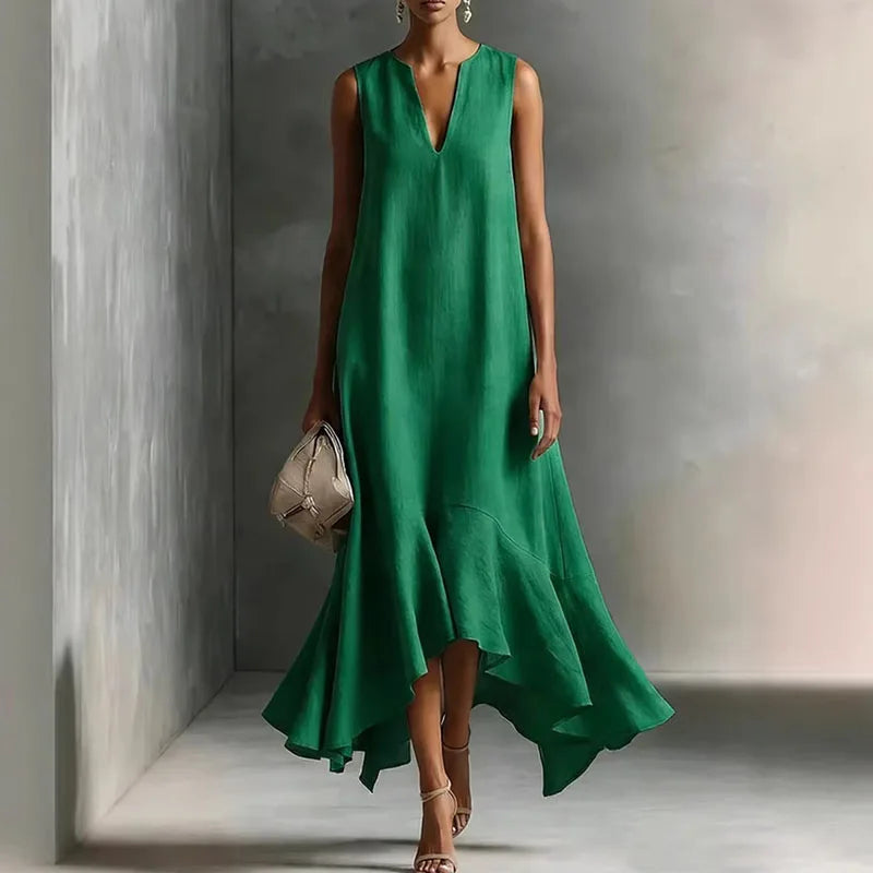 Women Flowy V Neck Sundress Ruffle Hem Sleeveless