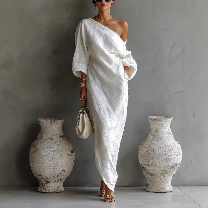 Linen One Shoulder Dress Asymmetrical Boho Women