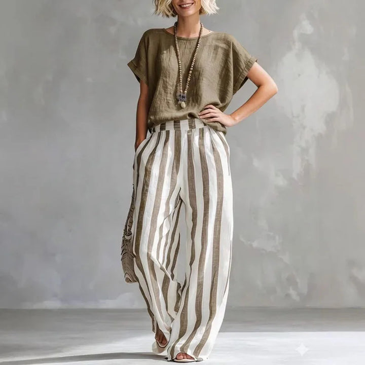 Womens Linen Blend Wide Leg Striped Summer Set