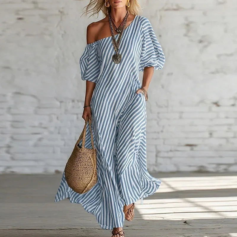 One Shoulder Puff Sleeve Striped Dress Women