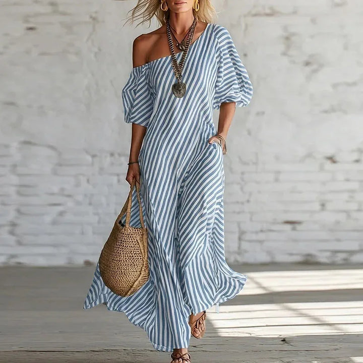 One Shoulder Puff Sleeve Striped Dress Women