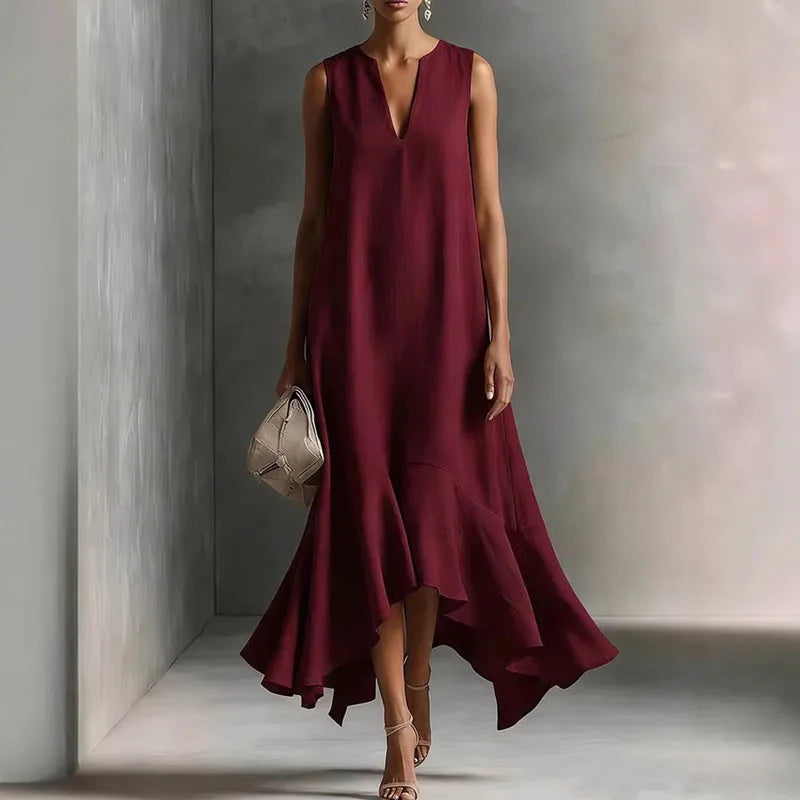 Women Flowy V Neck Sundress Ruffle Hem Sleeveless