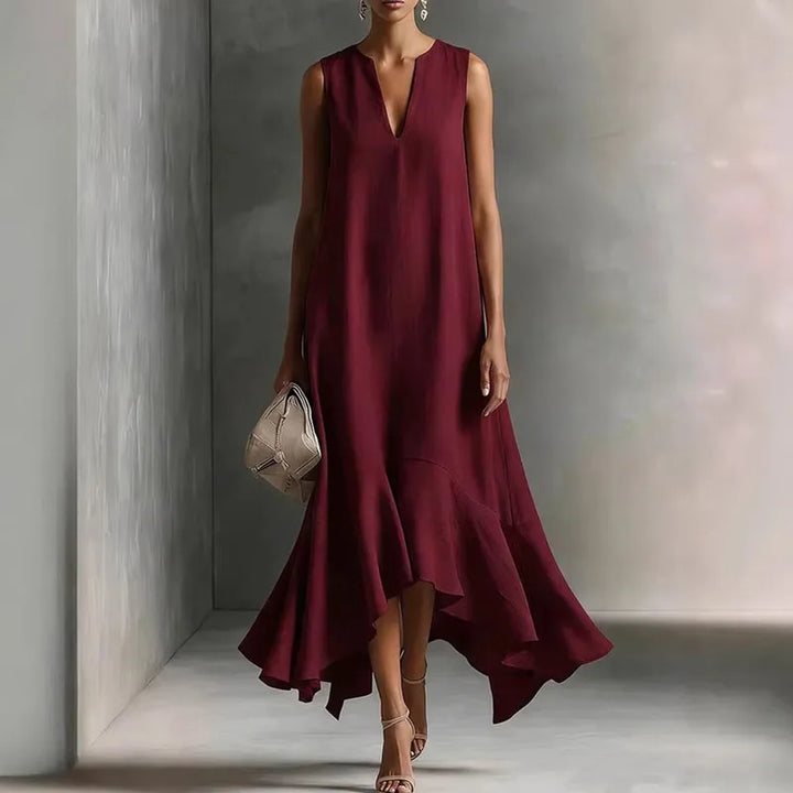 Women Flowy V Neck Sundress Ruffle Hem Sleeveless