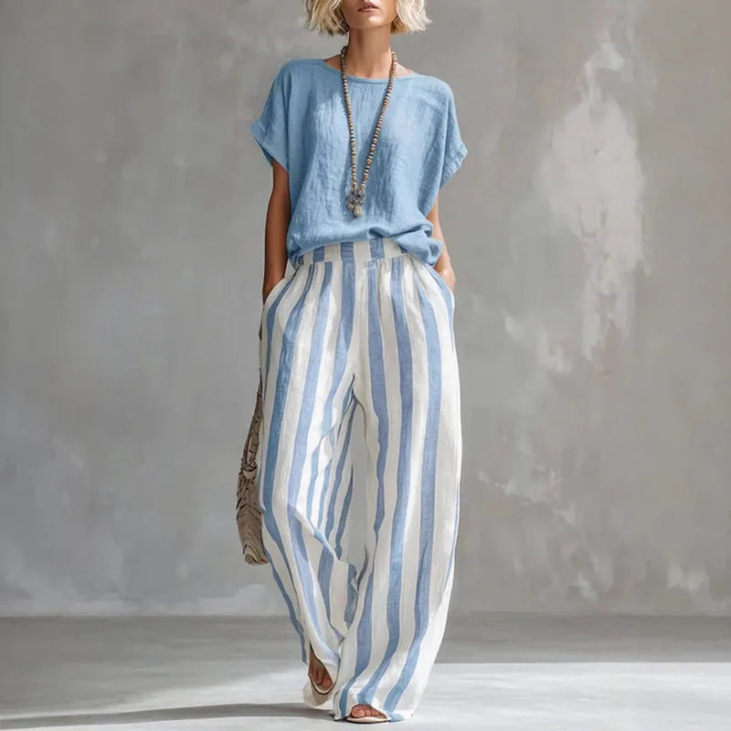 Womens Linen Blend Wide Leg Striped Summer Set