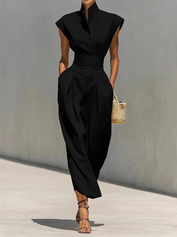 Structured Midi Dress Sleeveless Stand Collar Women