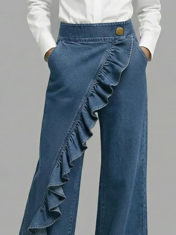 Wide Leg Denim Jeans with Asymmetrical Ruffle Detail