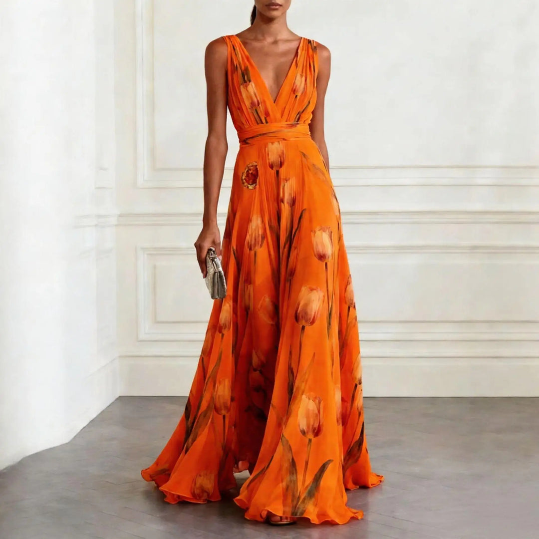 Floral Chiffon Wedding Guest Dress Women Sleeveless