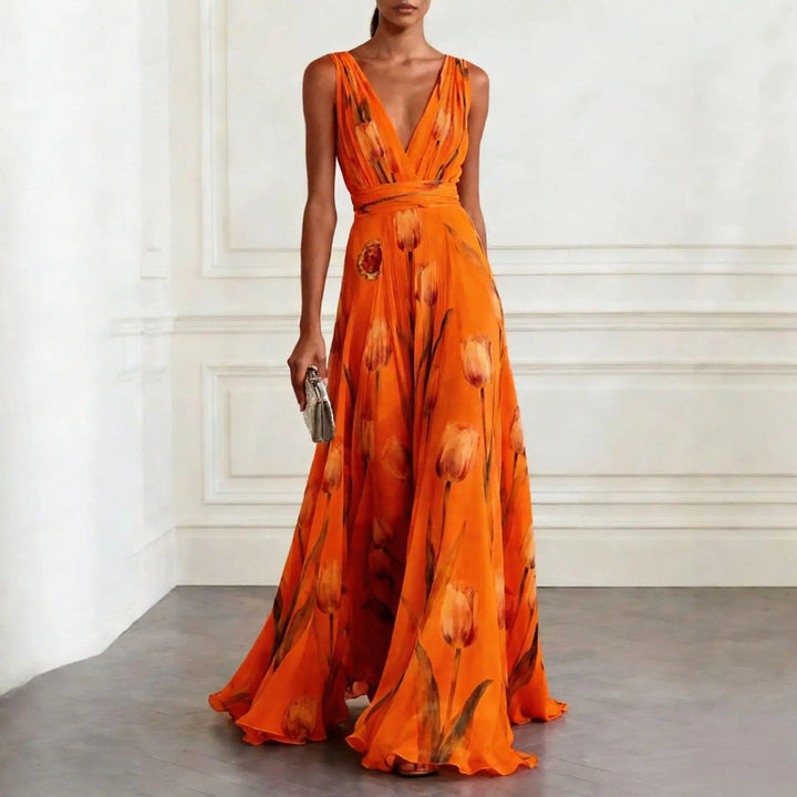 Floral Chiffon Wedding Guest Dress Women Sleeveless
