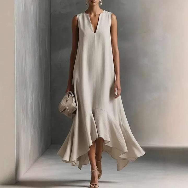 Women Flowy V Neck Sundress Ruffle Hem Sleeveless