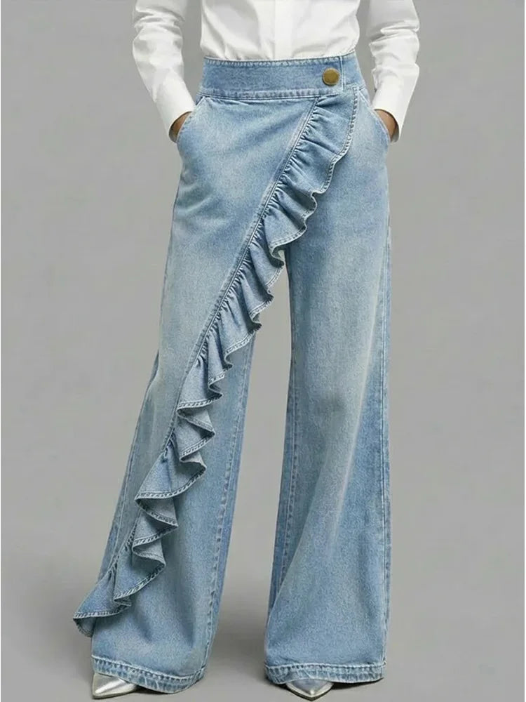 Wide Leg Denim Jeans with Asymmetrical Ruffle Detail