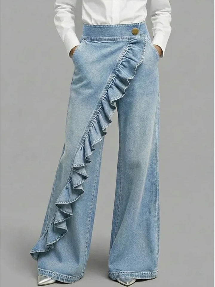 Wide Leg Denim Jeans with Asymmetrical Ruffle Detail