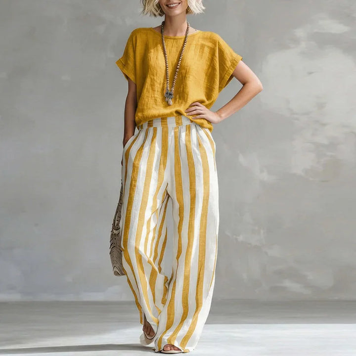 Womens Linen Blend Wide Leg Striped Summer Set