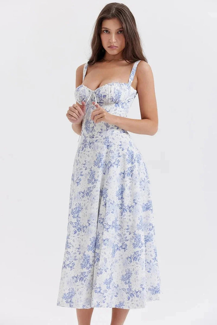 Floral Bustier Maxi Dress Women Corset Ruched Slit