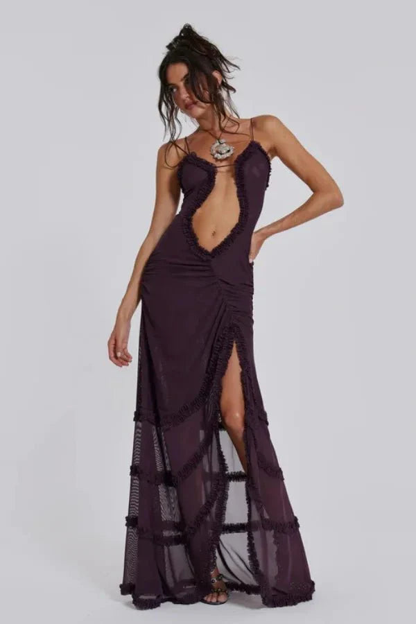 Mesh Ruffle Maxi Dress Women Sunset Floral