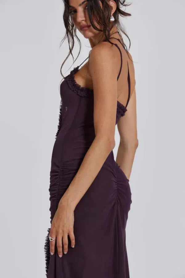 Mesh Ruffle Maxi Dress Women Sunset Floral