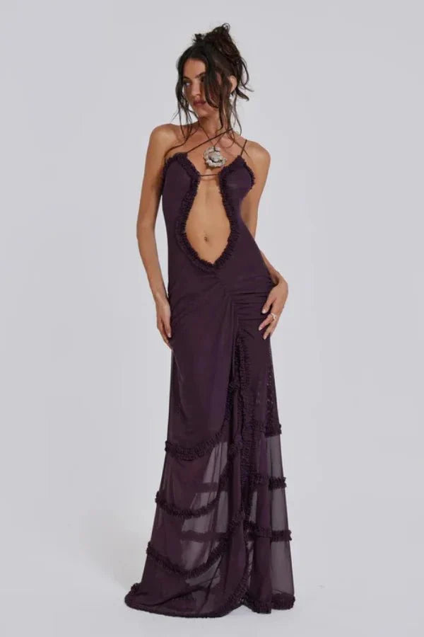 Mesh Ruffle Maxi Dress Women Sunset Floral