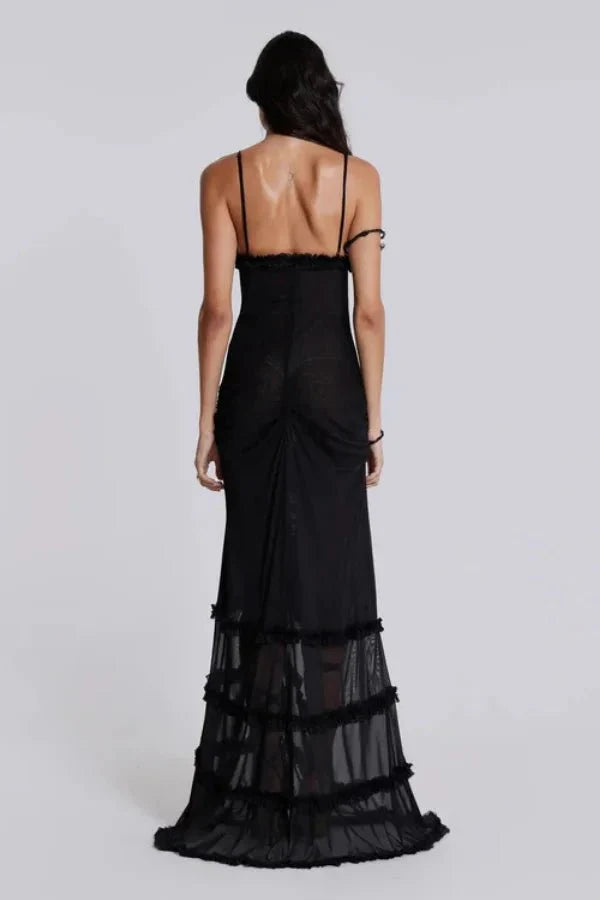 Mesh Ruffle Maxi Dress Women Sunset Floral