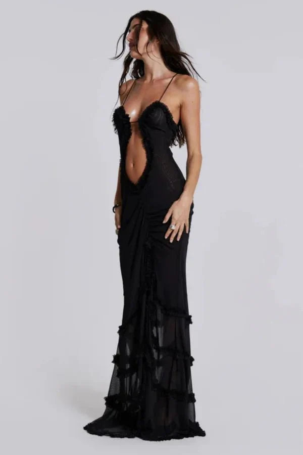 Mesh Ruffle Maxi Dress Women Sunset Floral