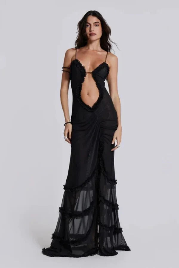 Mesh Ruffle Maxi Dress Women Sunset Floral