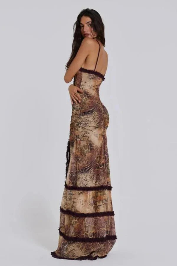 Mesh Ruffle Maxi Dress Women Sunset Floral