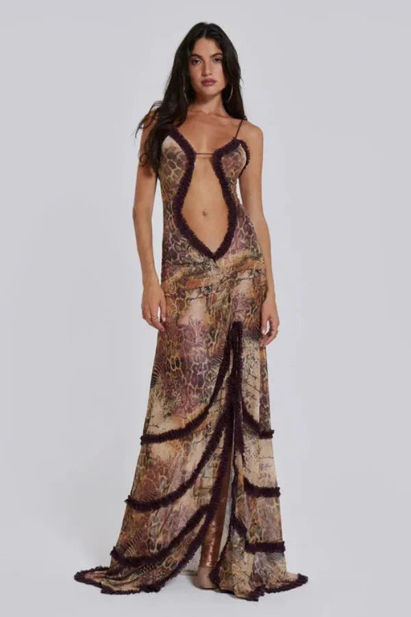 Mesh Ruffle Maxi Dress Women Sunset Floral
