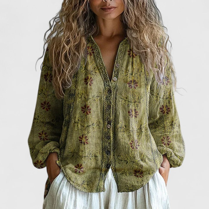 Printed Blouse Women Retro Leaf Relaxed Casual Elegant