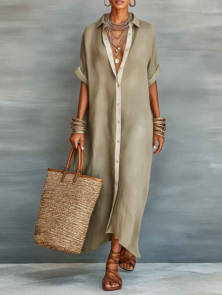 Linen Shirt Maxi Dress Women Short Sleeve Casual