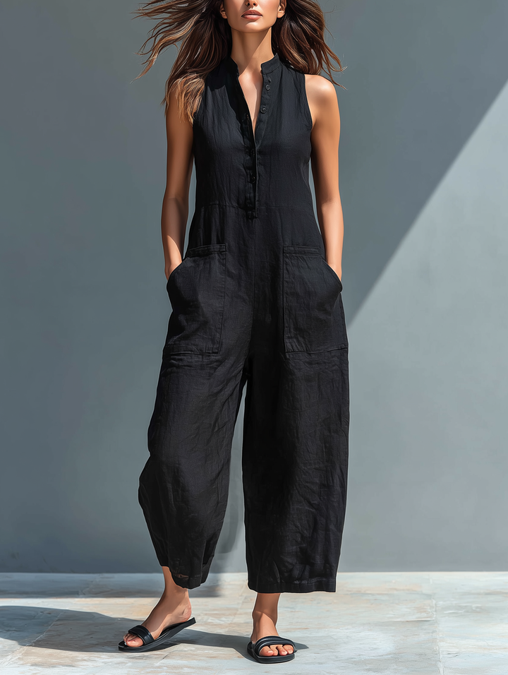 Linen Jumpsuit Women Sleeveless Stand Collar Loose