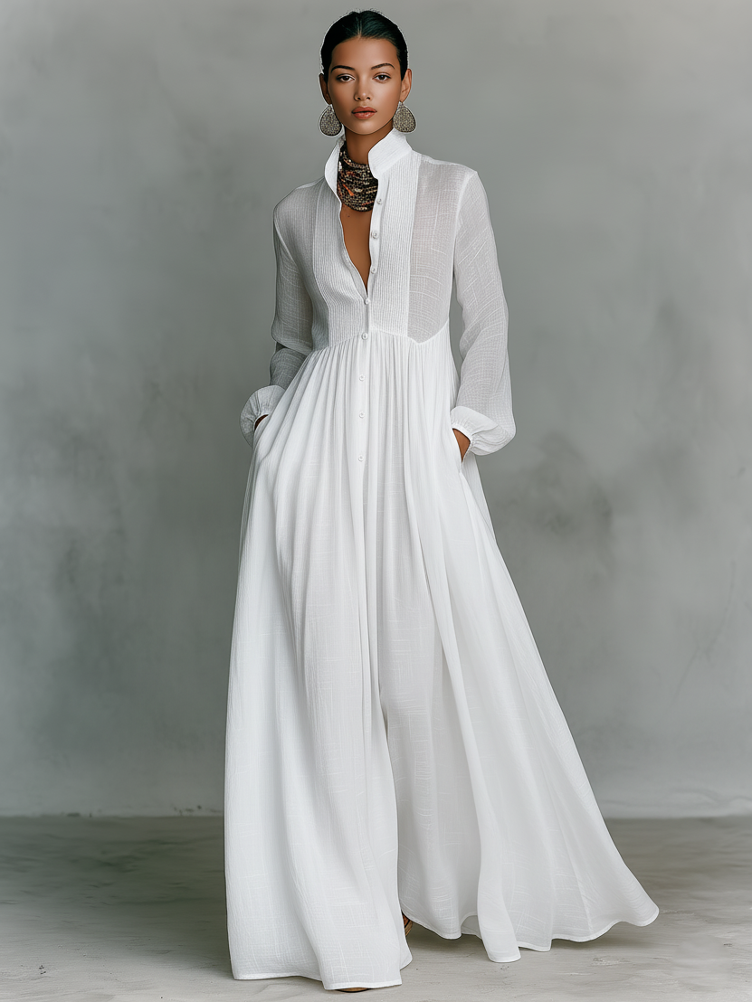 Linen Maxi Dress Women Stand Collar Patchwork Relaxed