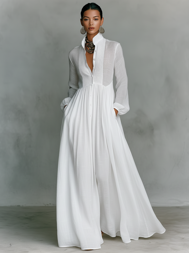 Linen Maxi Dress Women Stand Collar Patchwork Relaxed