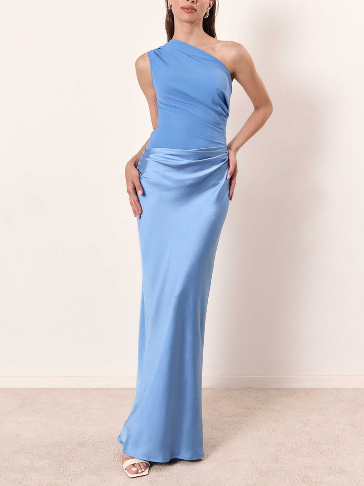 Satin Maxi Dress Women One Shoulder Patchwork Evening Party Brown