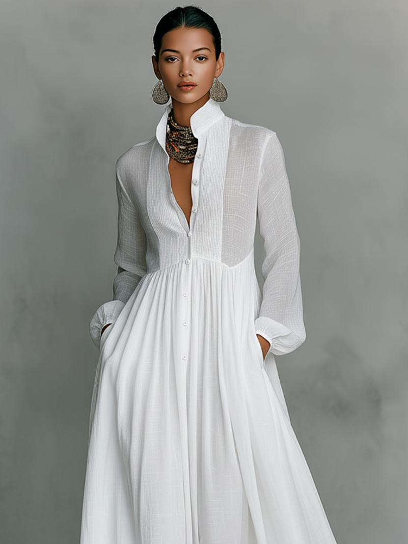 Linen Maxi Dress Women Stand Collar Patchwork Relaxed