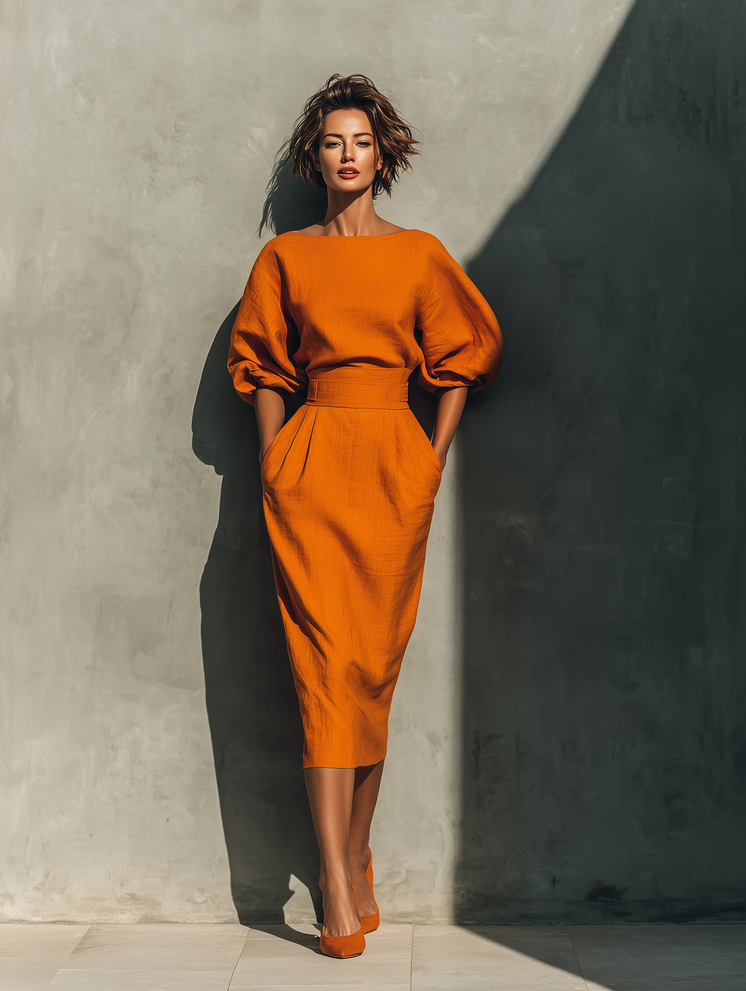 Two-Piece Set Women Puff Sleeve Midi Skirt Orange