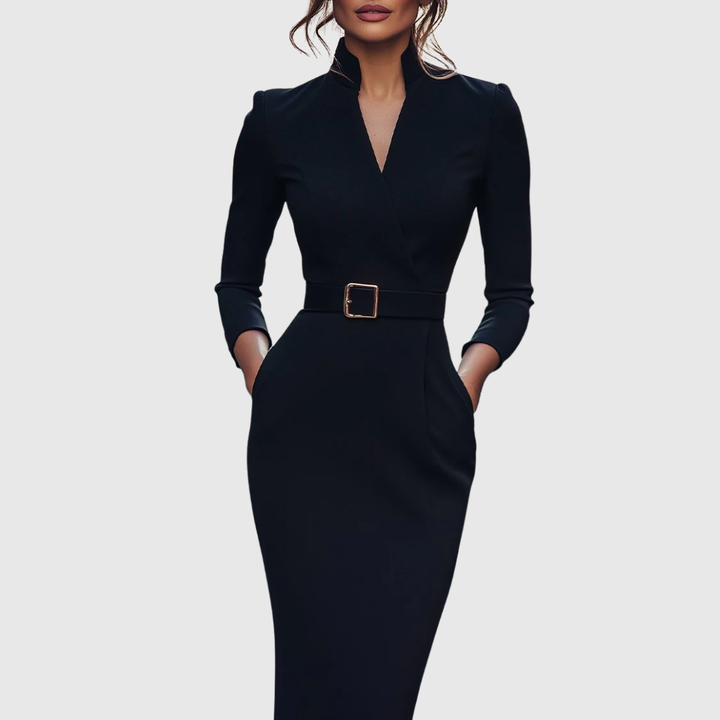 Pencil Midi Dress Women Belted Mock Wrap Pockets