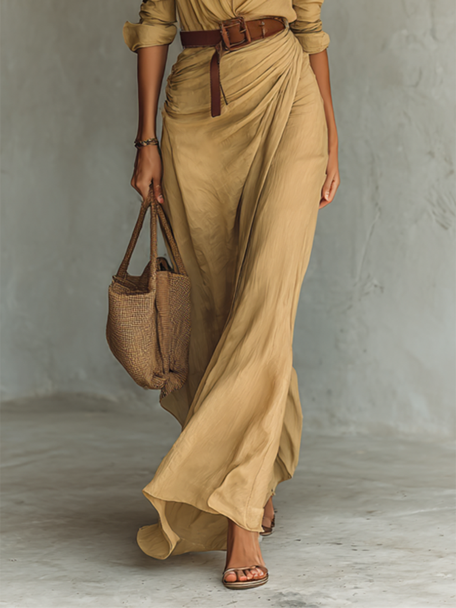 Maxi Dress Women Lapel Belted Long Sleeve Cotton Elegant