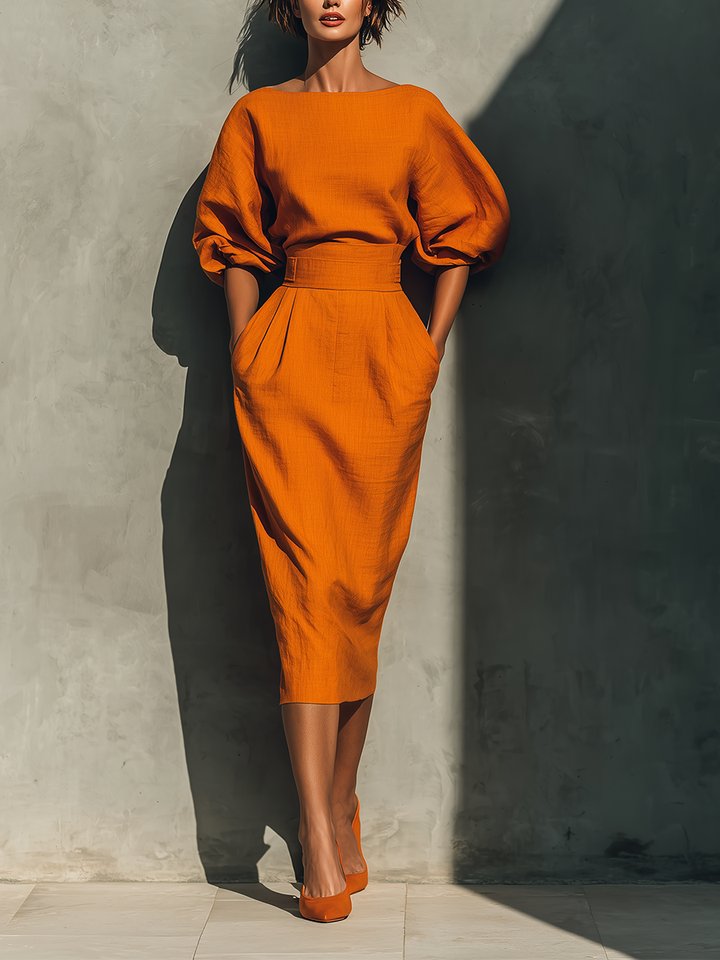 Two-Piece Set Women Puff Sleeve Midi Skirt Orange