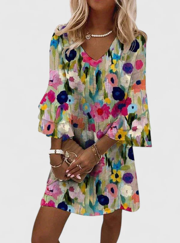 Floral Mini Dress Women V-Neck Elegant Comfortable