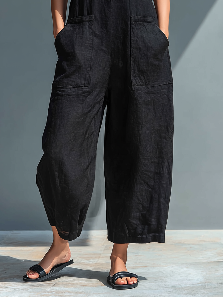 Linen Jumpsuit Women Sleeveless Stand Collar Loose