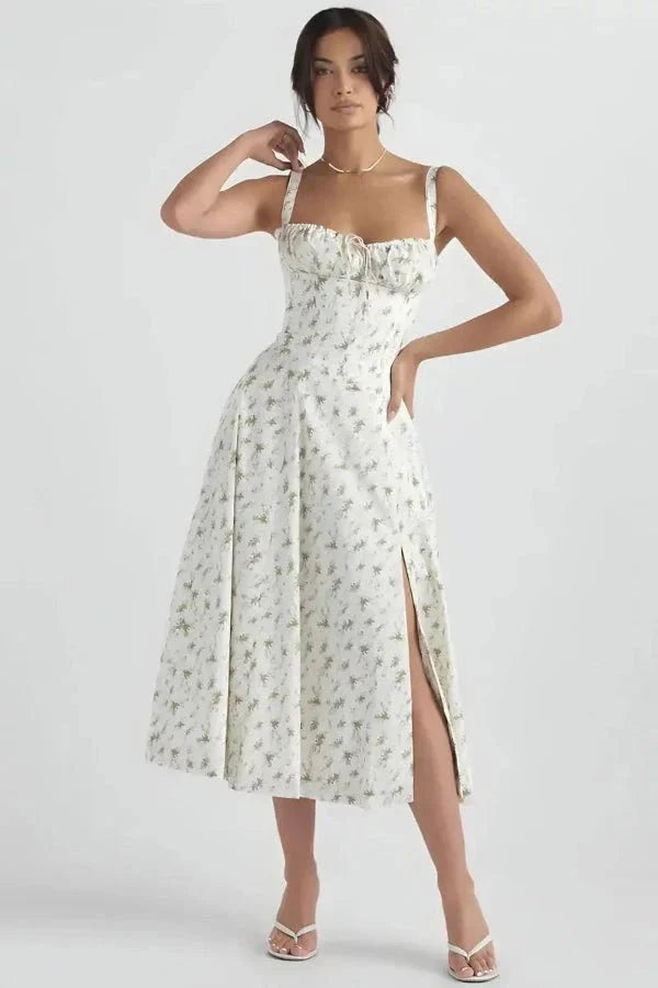 Floral Bustier Maxi Dress Women Corset Ruched Slit