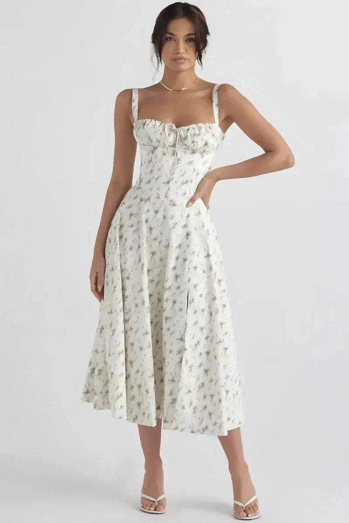 Floral Bustier Maxi Dress Women Corset Ruched Slit